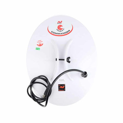 Minelab 15 inch by 12 inch semi-elliptical Commander Double-D search coil with protective cover and gold-plated connector on white background