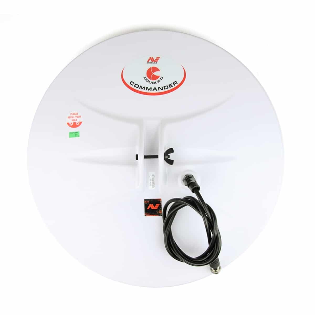 Minelab 18-inch round Commander DD coil with white body, red branding, and attached cable with gold-plated connector