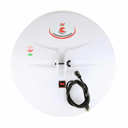 Minelab 18-inch round Commander DD coil with white body, red branding, and attached cable with gold-plated connector
