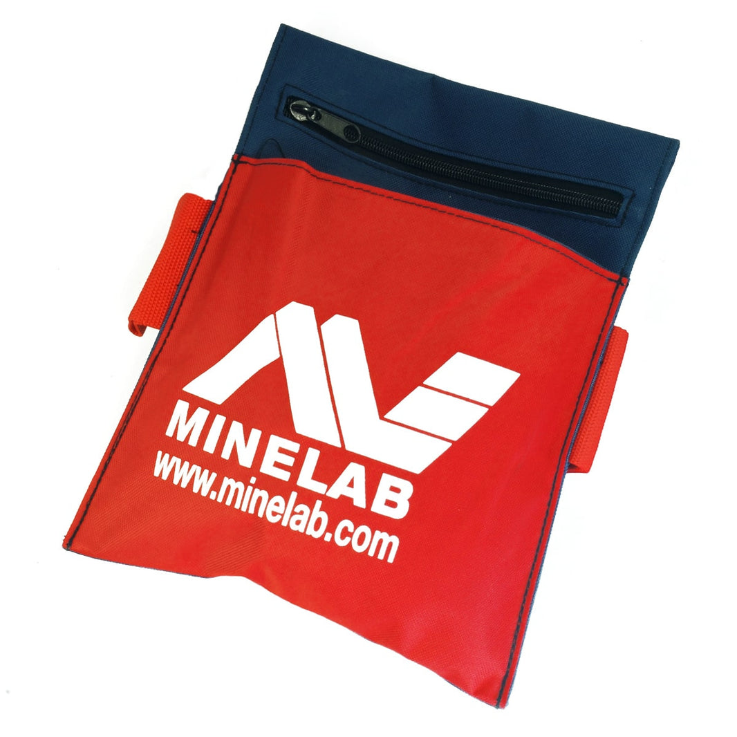 Close-up view of Minelab red finds pouch showing interior compartment