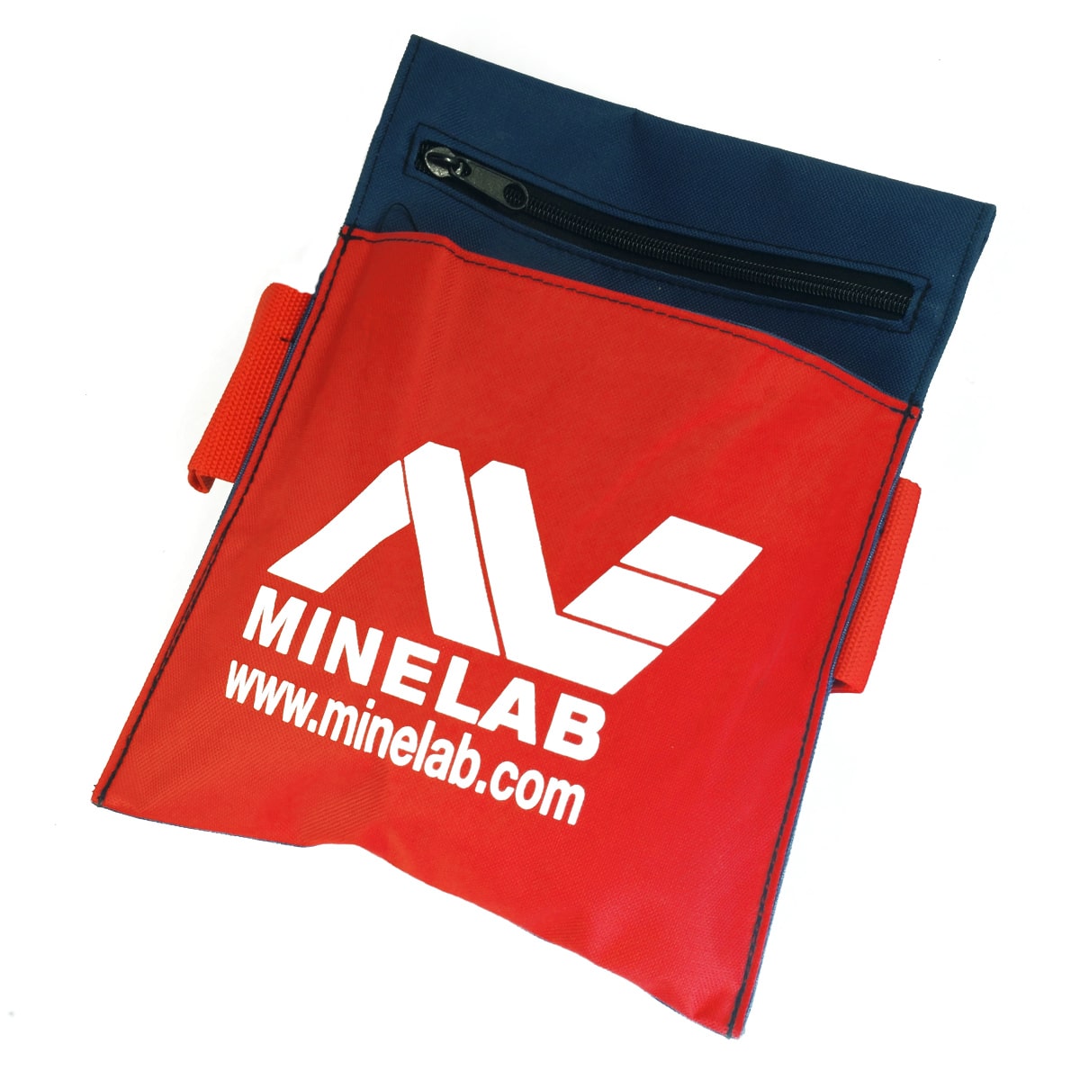 Close-up view of Minelab red finds pouch showing interior compartment