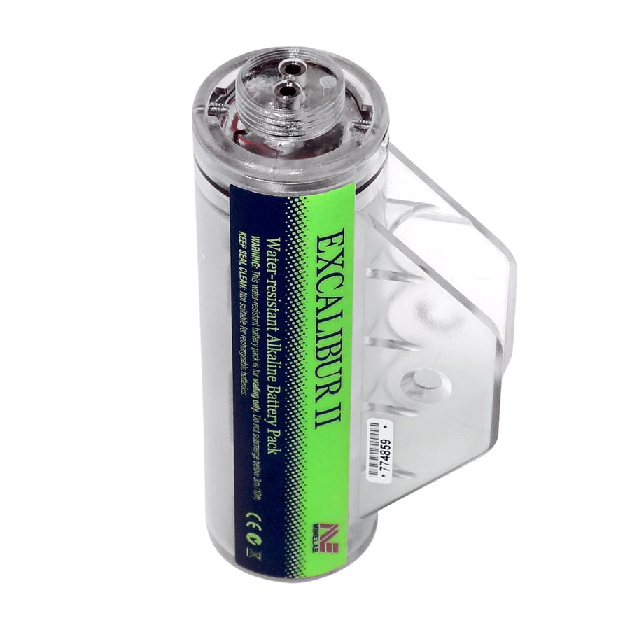 Minelab Alkaline Battery Pod Complete for Excalibur Series in green casing with Minelab Logo upright