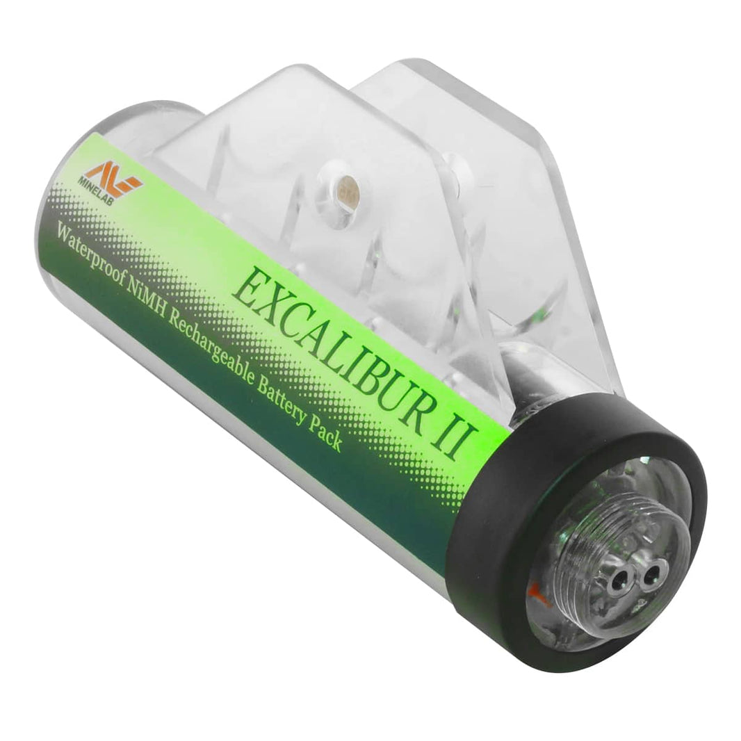 The Minelab Nickel-Metal Hydride Battery Pod for Excalibur metal detectors in green waterproof casing. 