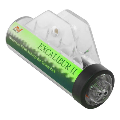 The Minelab Nickel-Metal Hydride Battery Pod for Excalibur metal detectors in green waterproof casing. 