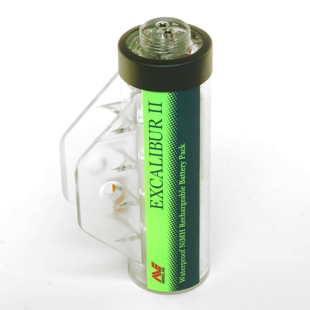 The Minelab Nickel-Metal Hydride Battery Pod for Excalibur metal detectors in green waterproof casing, shown upright against a white backdrop. 