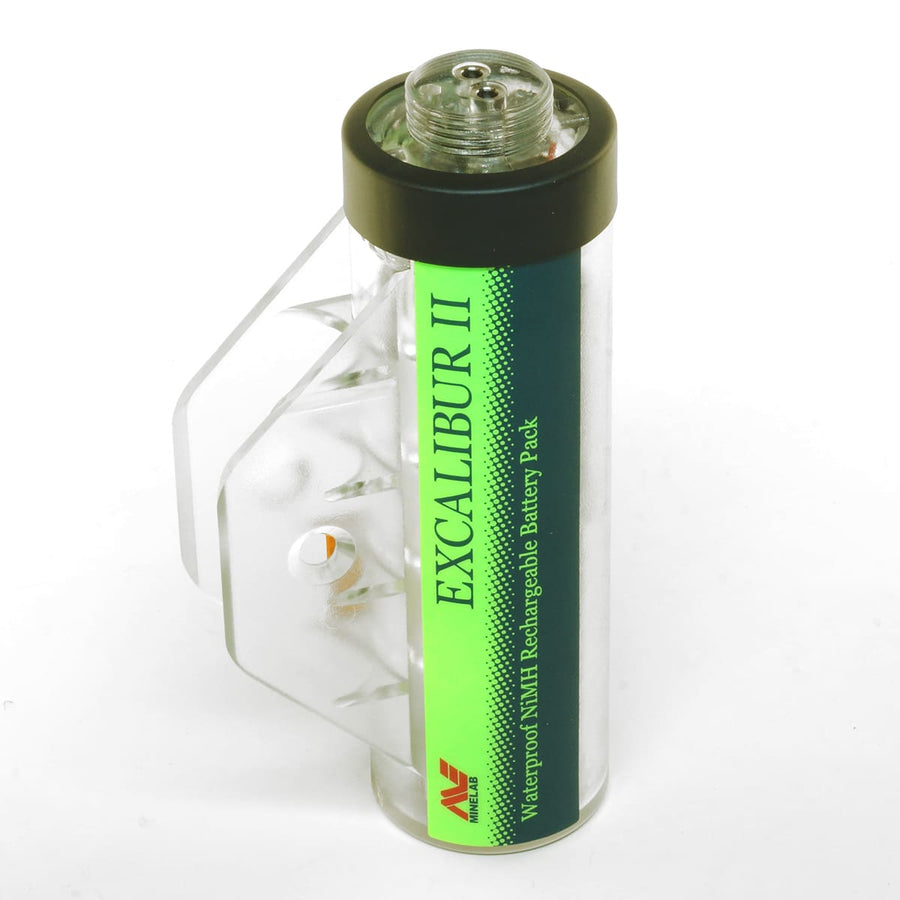 The Minelab Nickel-Metal Hydride Battery Pod for Excalibur metal detectors in green waterproof casing, shown upright against a white backdrop. 