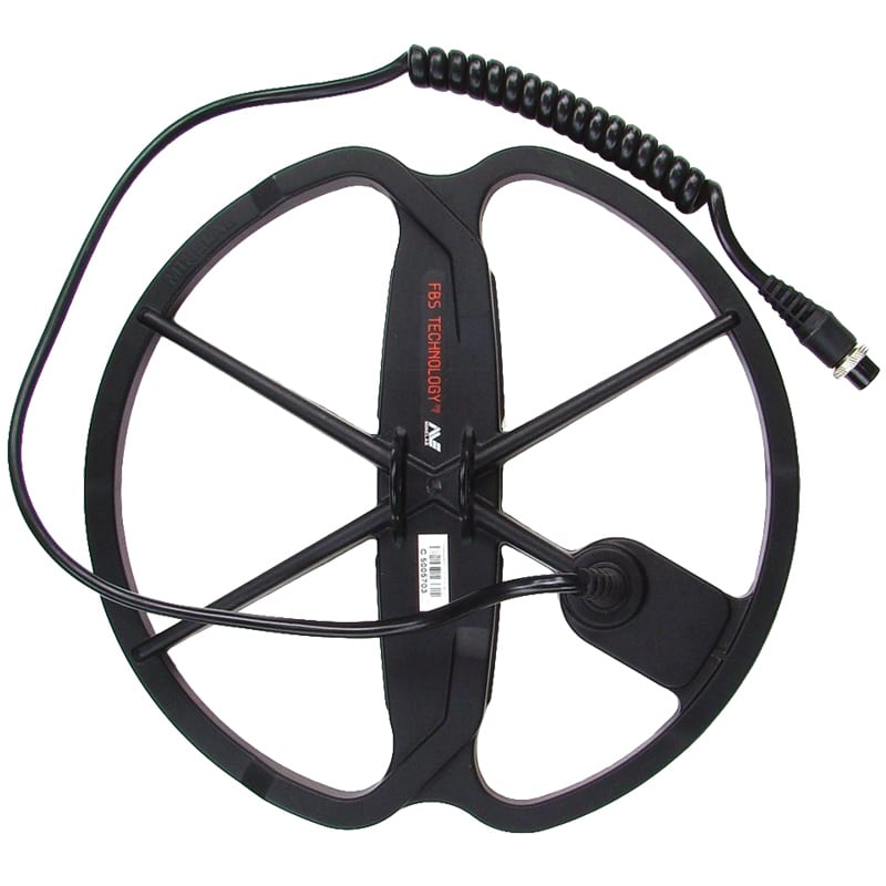 Minelab 11 inch FBS Pro coil with black coil cover and mounting hardware