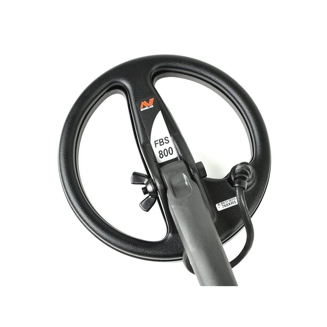 Close-up view of Minelab 8 inch DD coil showing waterproof construction