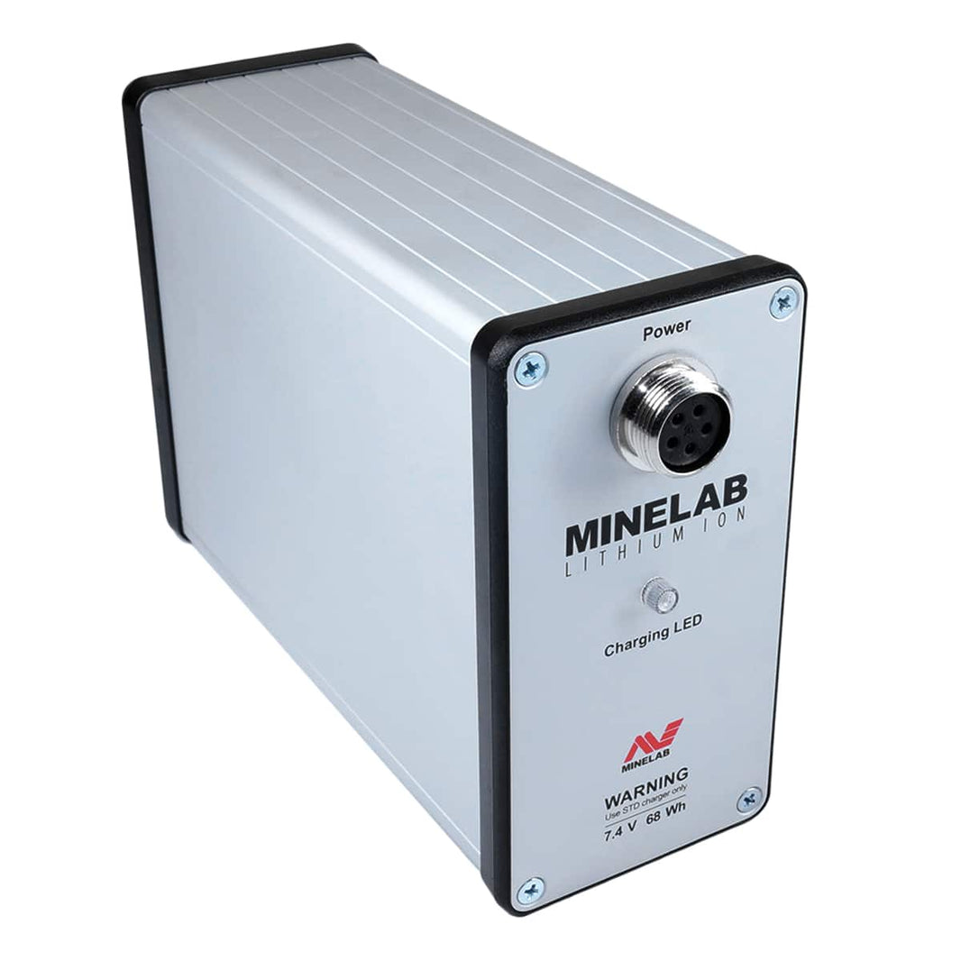A Minelab lithium ion battery designed for powering metal detectors, with built-in amplifier. The battery is primarily silver with black and gray accents, featuring the Minelab brand logo and product information.