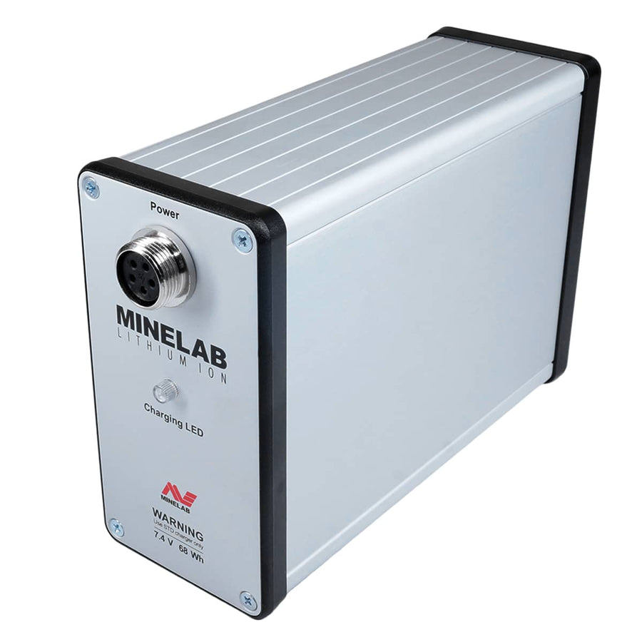 A Minelab lithium ion battery designed for powering metal detectors, with built-in amplifier. The battery is primarily silver with black and gray accents, featuring the Minelab brand logo and product information. Side view
