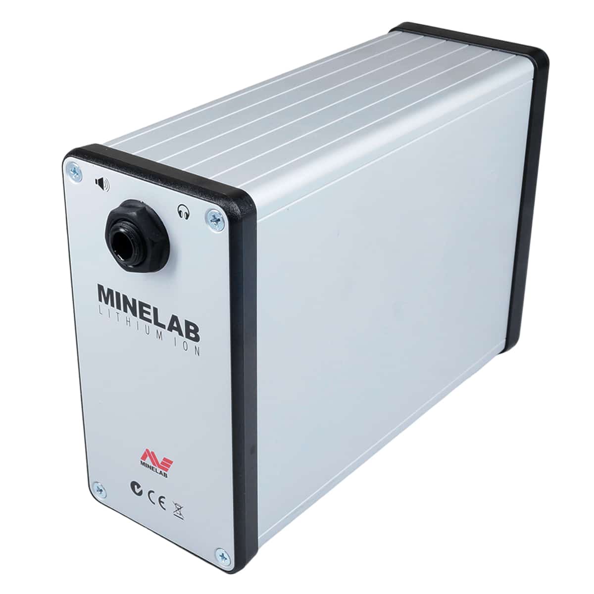 A Minelab lithium ion battery designed for powering metal detectors, with built-in amplifier. The battery is primarily silver with black and gray accents, featuring the Minelab brand logo and product information. Right side view