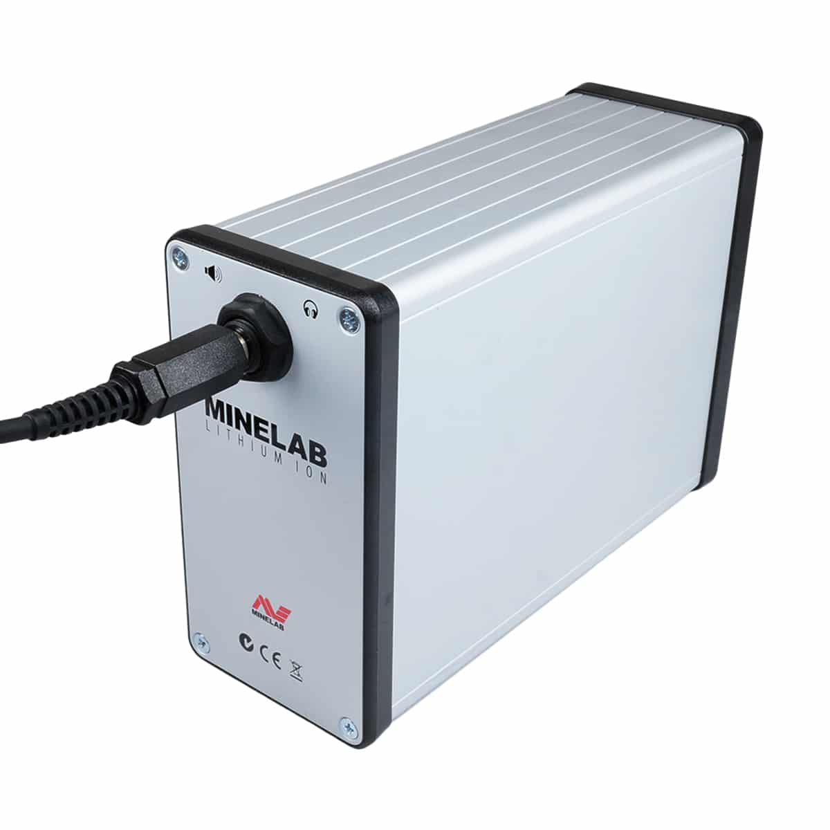 A Minelab lithium ion battery designed for powering metal detectors, with built-in amplifier. The battery is primarily silver with black and gray accents, featuring the Minelab brand logo and plugged in.