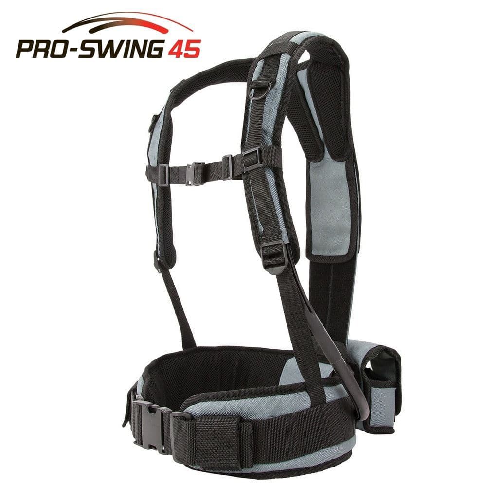 The Minelab pro swing 45 metal detector harness support is shown with clips and belt fastened.