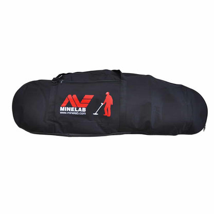 Minelab Black Padded Carry Bag shown open with 54-inch length, Minecraft logo, and exterior zipper pocket