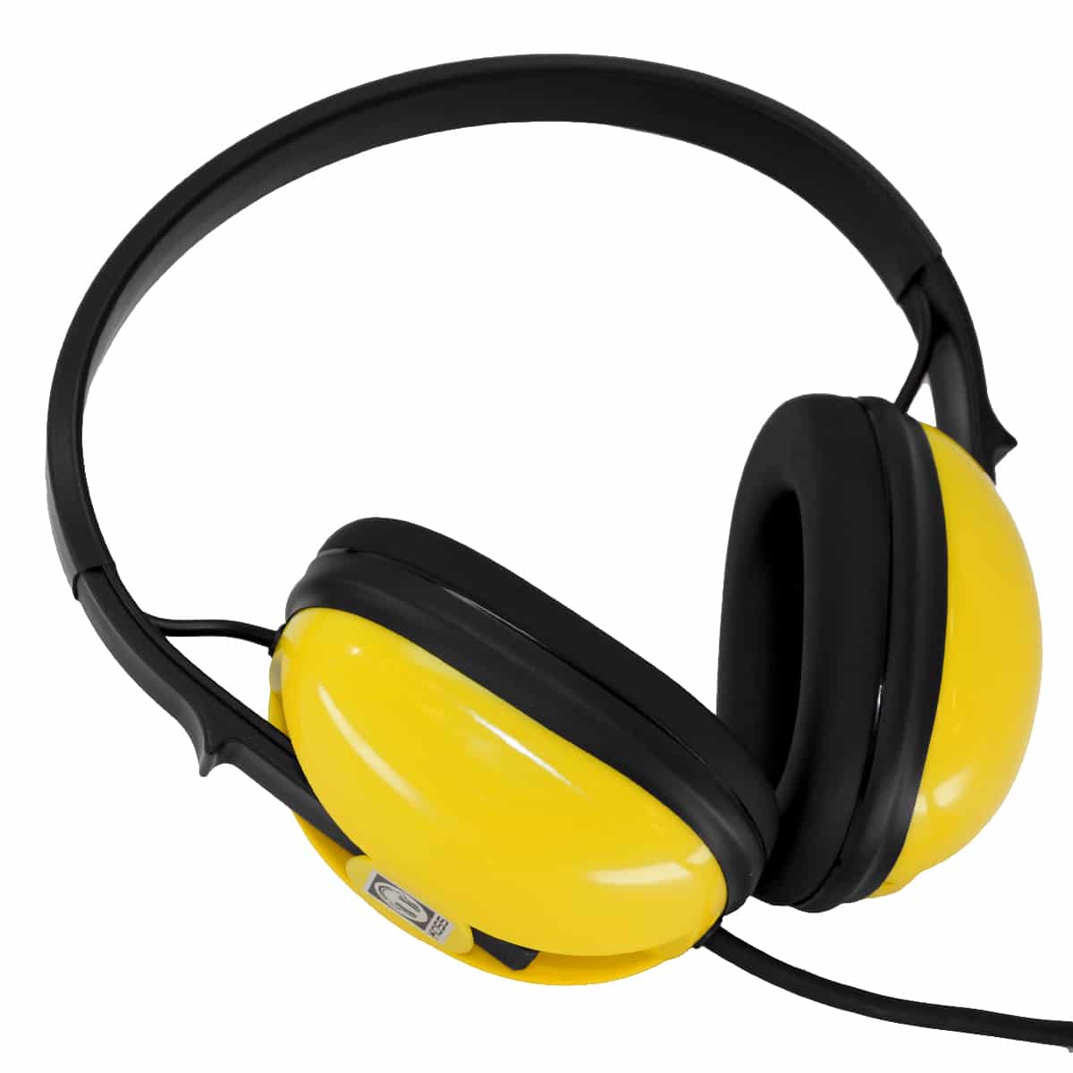 Minelab waterproof headphones for SDC 2300 with yellow and black sealed over-ear design and coiled cable