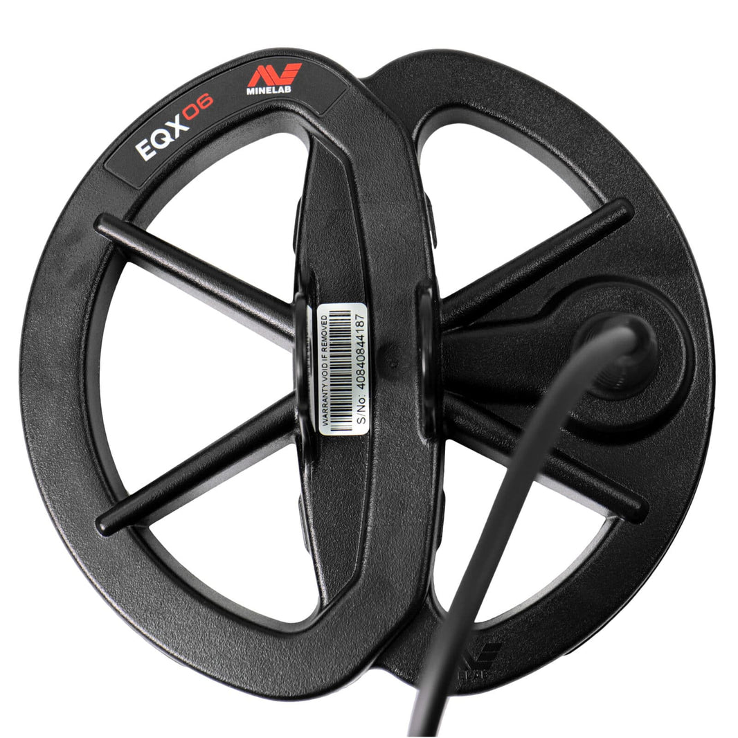 Minelab 6 inch EQX 06 waterproof search coil top view, shown against a white background
