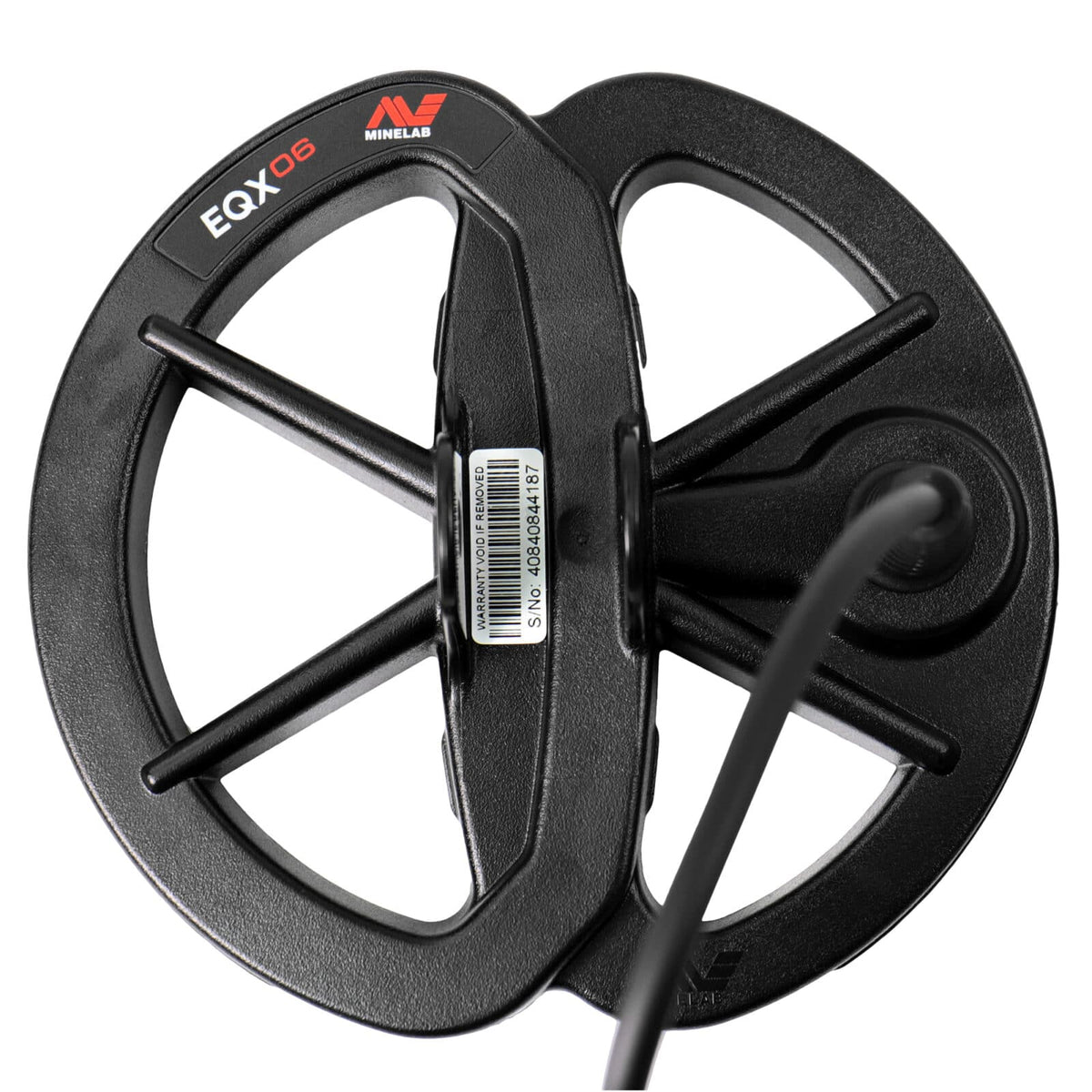 Minelab 6 inch EQX 06 waterproof search coil top view, shown against a white background