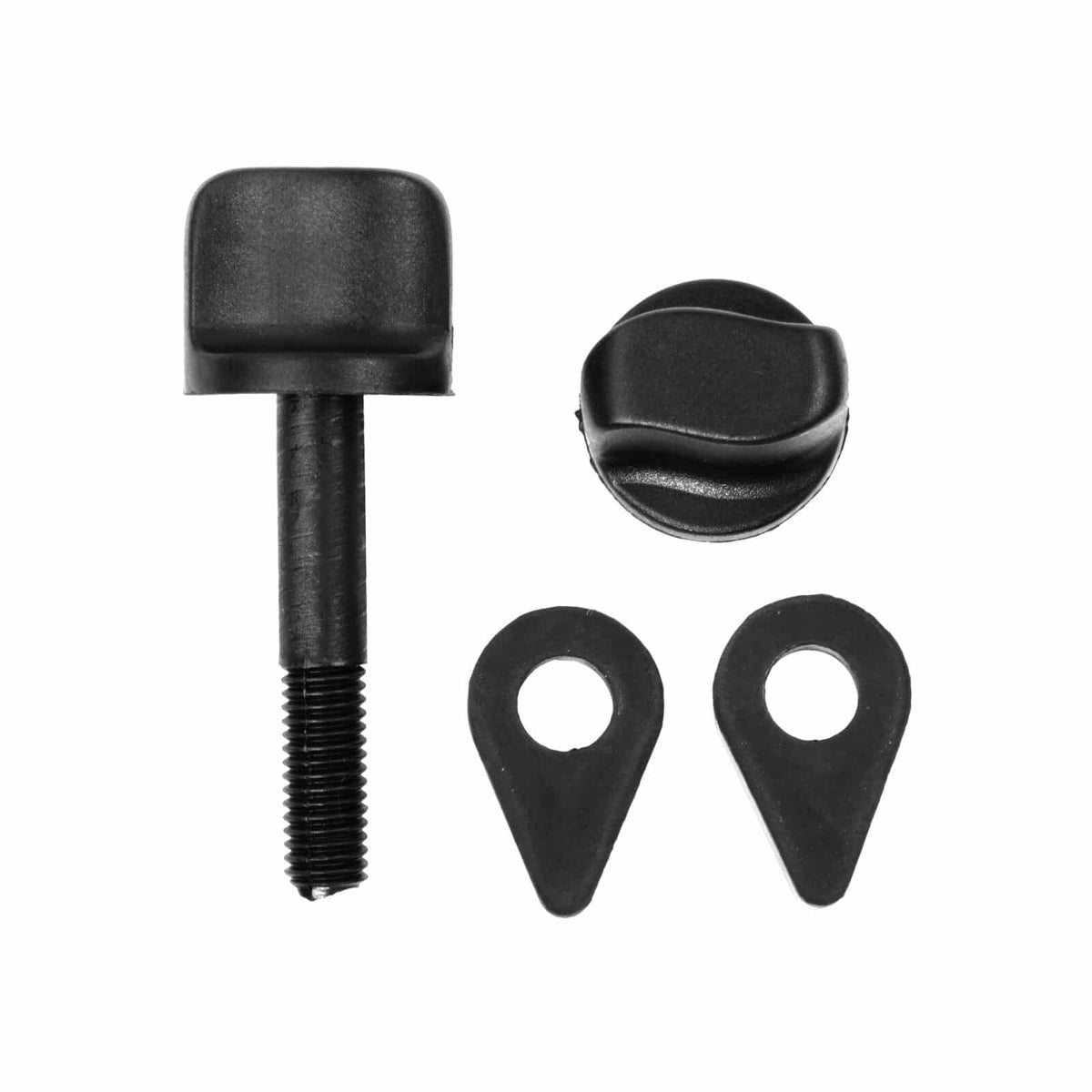 Close up view of the wing bolt, wing nut, and rubber washers included with the Minelab EQX 06 coil, shown on a white background