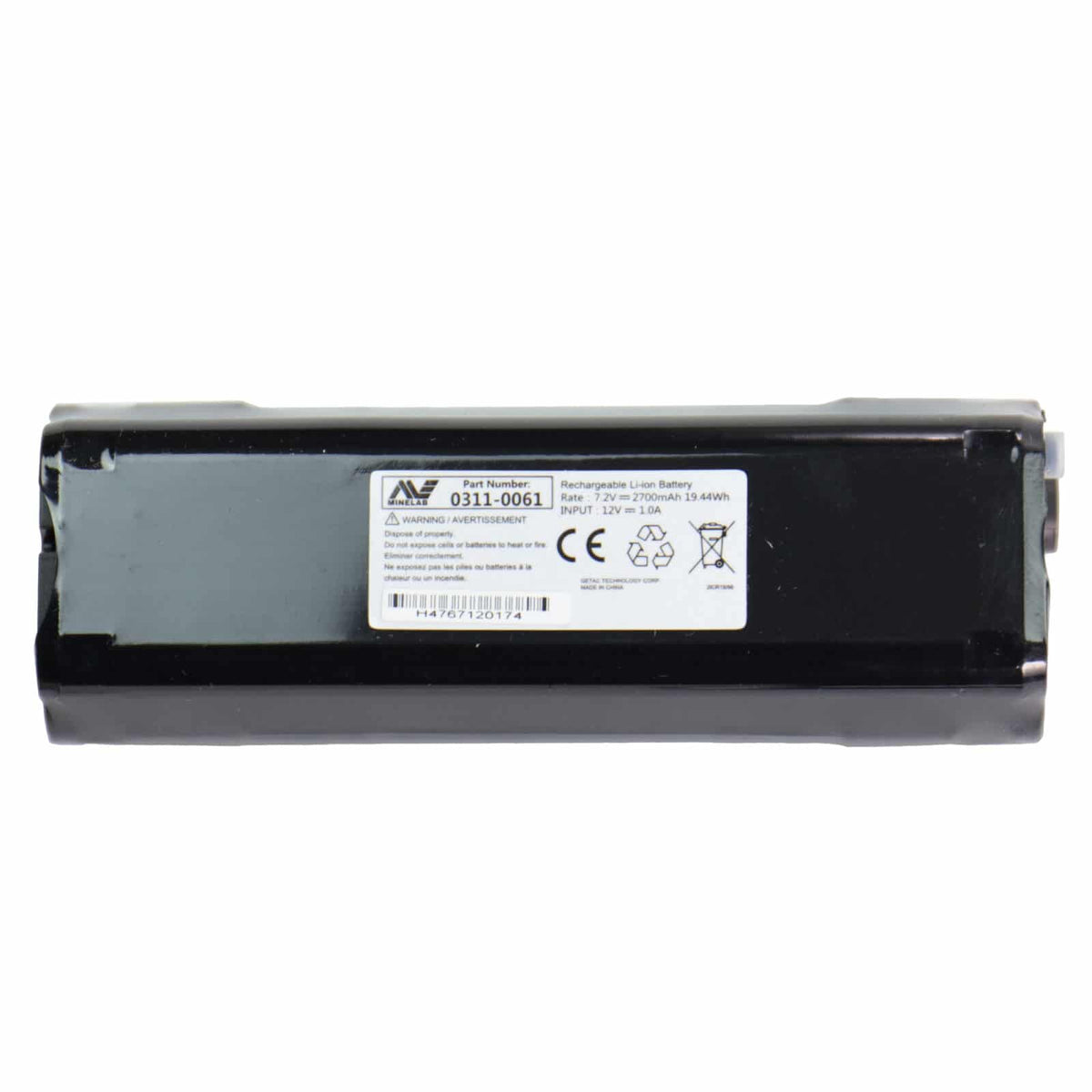 Minelab 19WH rechargeable battery showing connector end