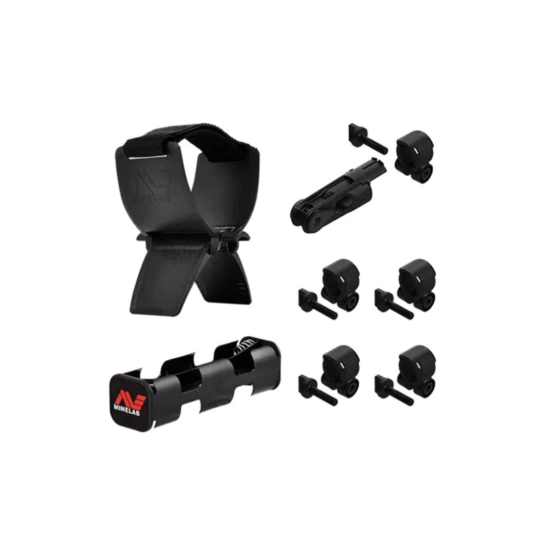 Minelab Gold Monster 1000 shaft mounting kit components including armrest, clamps, and battery carrier