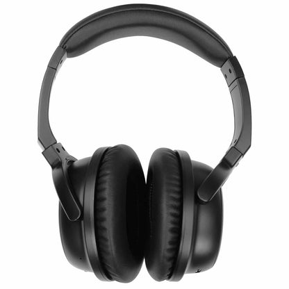Minelab ML 80 headphones folded flat beside the zip case, showing the red Minelab logo on the ear cup