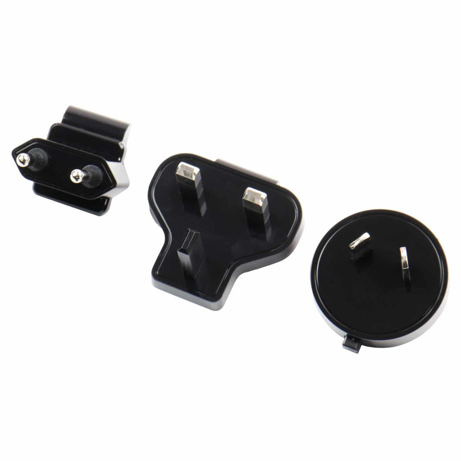 Close-up of Minelab 4-port USB charger with international plug configurations