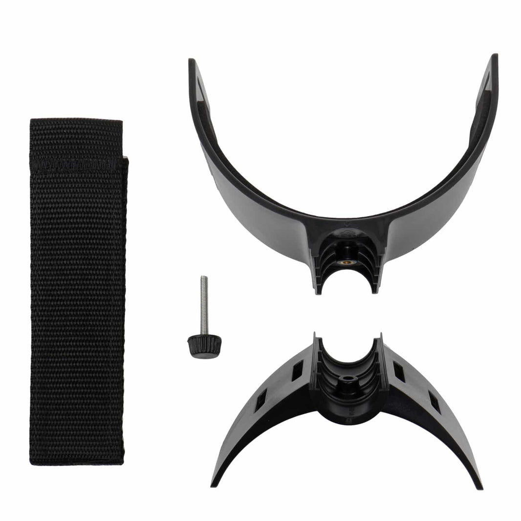 Minelab armrest kit components including arm cup, strap, and rear stand on white background
