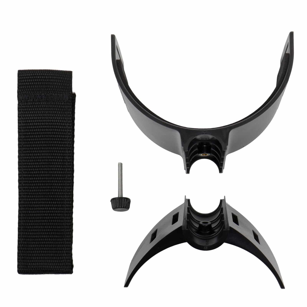 Minelab armrest kit components including arm cup, strap, and rear stand on white background