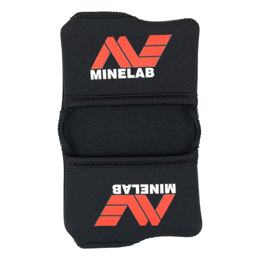 Black neoprene armrest cover for Minelab SDC 2300 metal detector showing cushioned padding