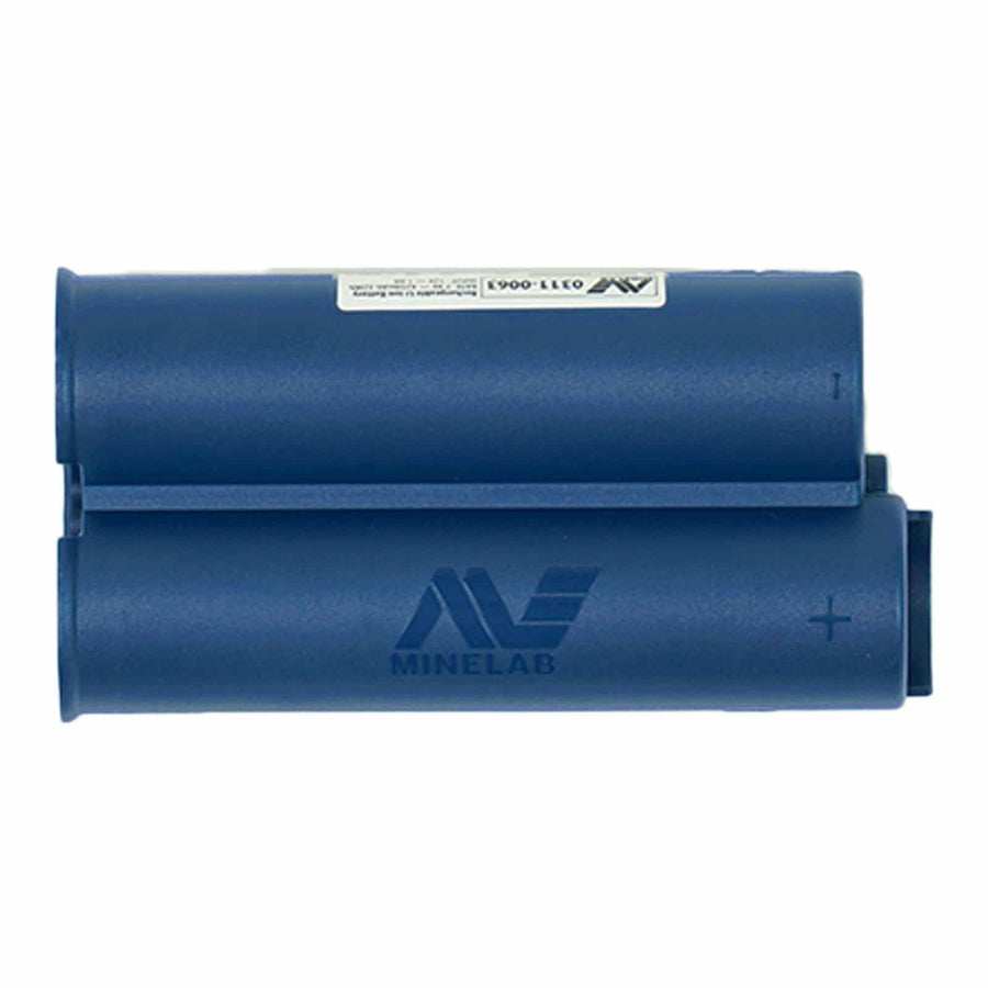 Close-up view of Minelab battery pack label and specifications