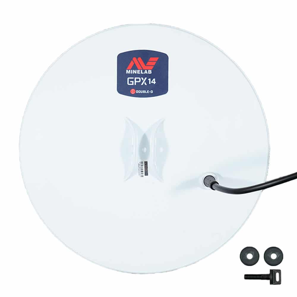 Minelab GPX 14-inch white Double-D search coil with black connector and mounting hardware for GPX 6000 gold detector