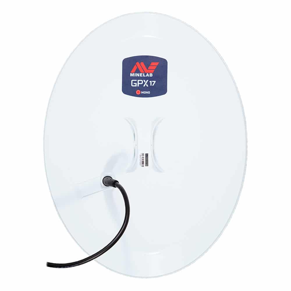 Minelab GPX 17-inch elliptical monoloop coil for GPX 6000 gold detector with white housing and red logo badge