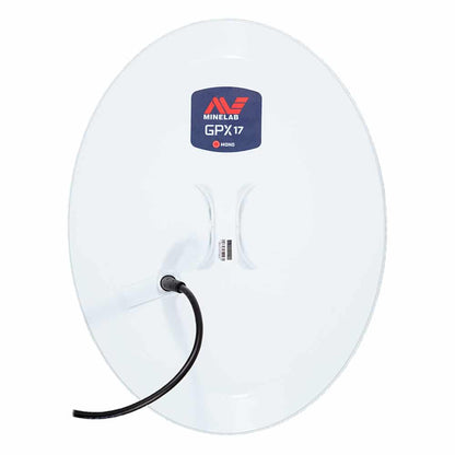 Minelab GPX 17-inch elliptical monoloop coil for GPX 6000 gold detector with white housing and red logo badge