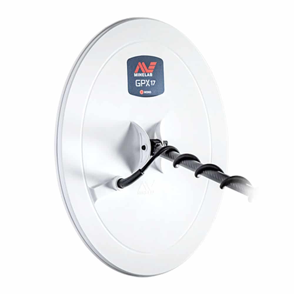 Minelab GPX 17 coil side profile showing solid elliptical housing and cable