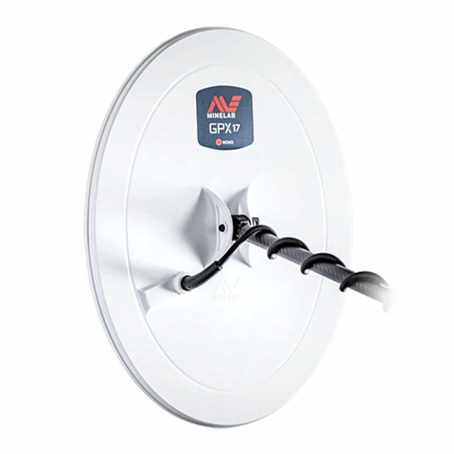 Minelab GPX 17 coil side profile showing solid elliptical housing and cable