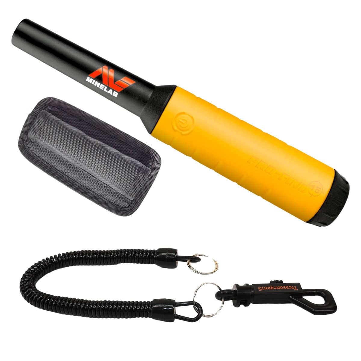 Minelab Pro-Find 15 pinpointer with black security lanyard and semi-rigid belt holster on white background
