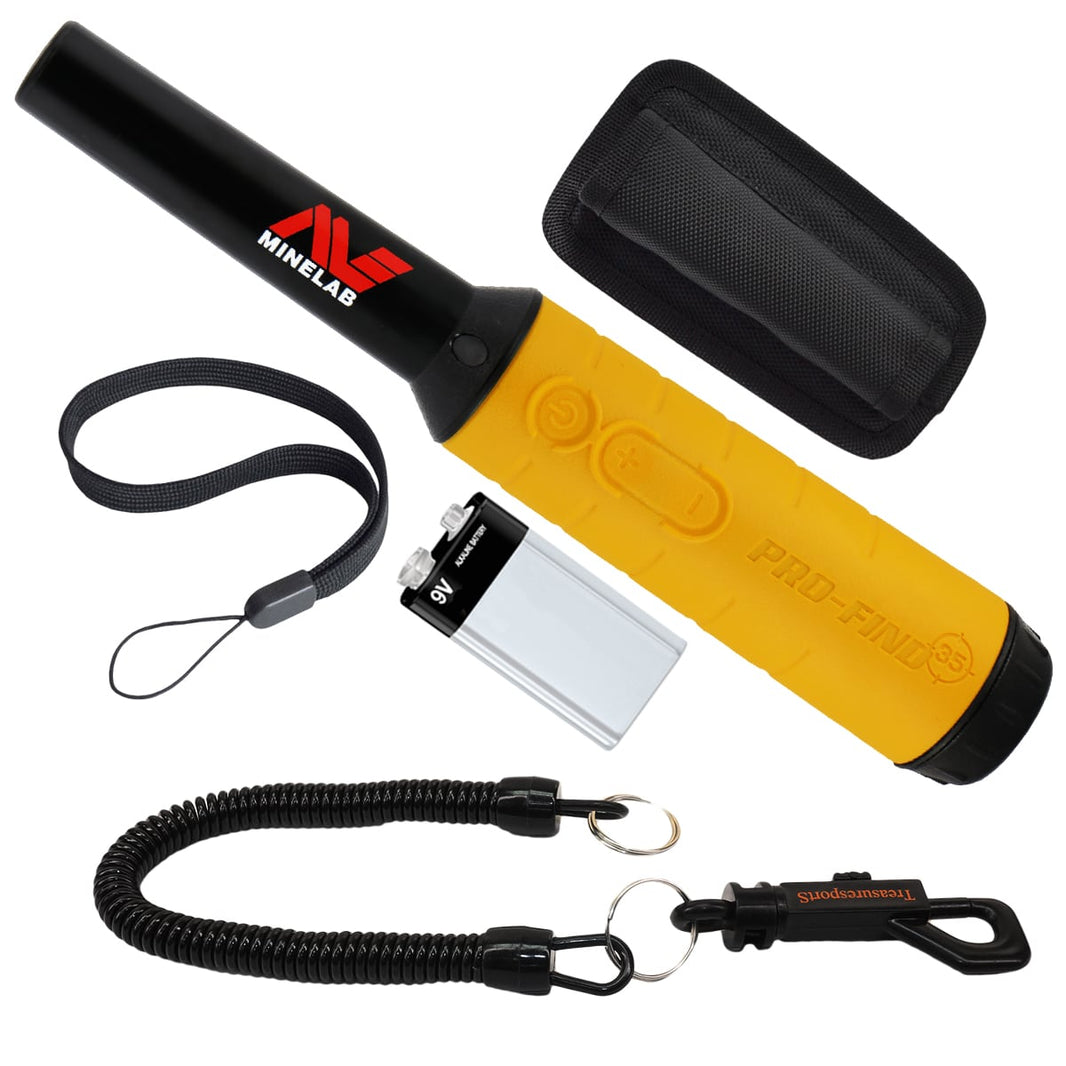 Minelab Pro-Find 35 waterproof pinpointer with yellow handgrip, belt holster, and black security lanyard on white background