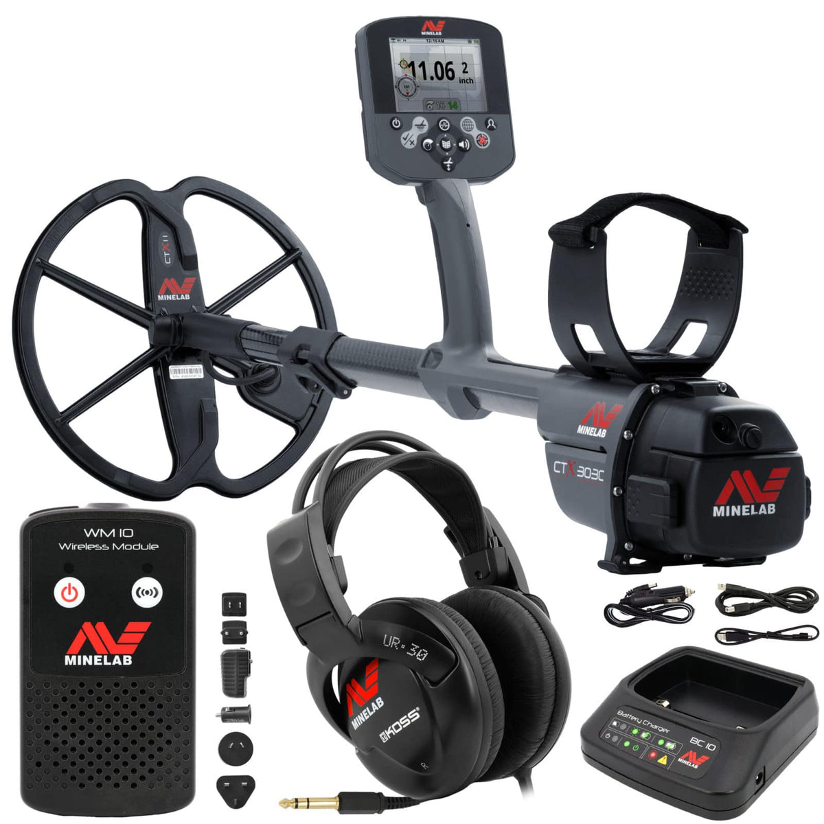 Minelab CTX 3030 is shown fully assembled, with insets of the wireless module, headphones and charging dock. 