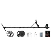 Minelab Manticore fully extended with M11 coil, wireless headphones, cables, screen protectors, and guide laid out below