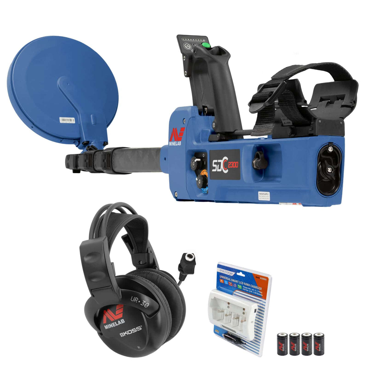 Minelab SDC 2300 All Terrain Gold Metal Detector package including the detector, accessories, and batteries.