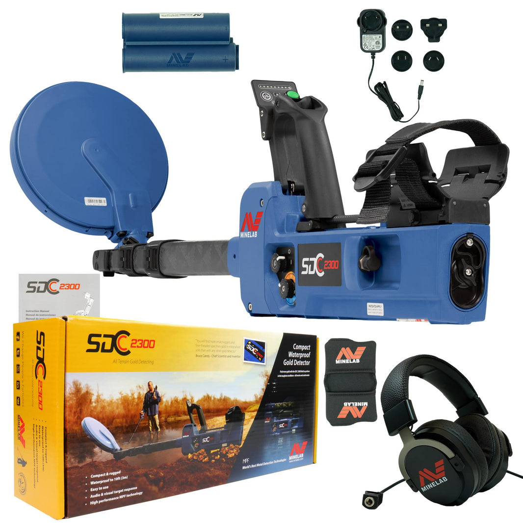 The Minelab SDC 2300 metal detector shown fully assembled, with insets of the box, headphones, and charging accessories.