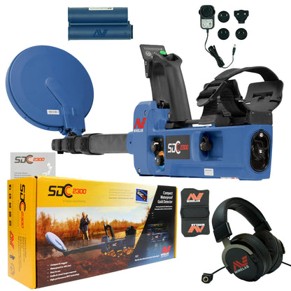 The Minelab SDC 2300 is shown fully assembled, next to insets of the battery pack, charging adapters, product box and headphones.