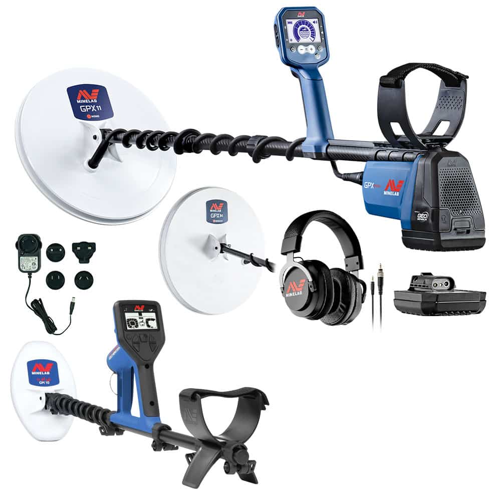 Minelab GPX 6000 and Gold Monster 1000 metal detectors with included coils, battery, and headphones on white background