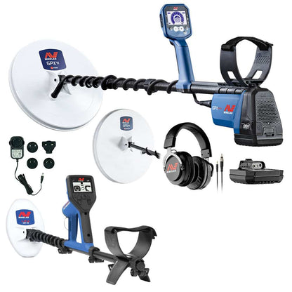 Minelab GPX 6000 and Gold Monster 1000 metal detectors with included coils, battery, and headphones on white background