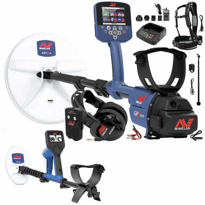 Minelab GPZ 7000 Zero Voltage Transmission gold detector with blue shaft and Super-D coil alongside Gold Monster 1000 VLF detector