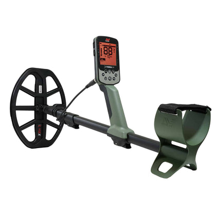 Minelab X-Terra Pro metal detector assembled with V12X 12x9 in coil and green collapsible shaft, side view.