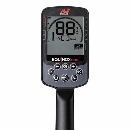 Minelab Equinox 900 control pod with monochrome LCD showing target ID 88 and the keypad