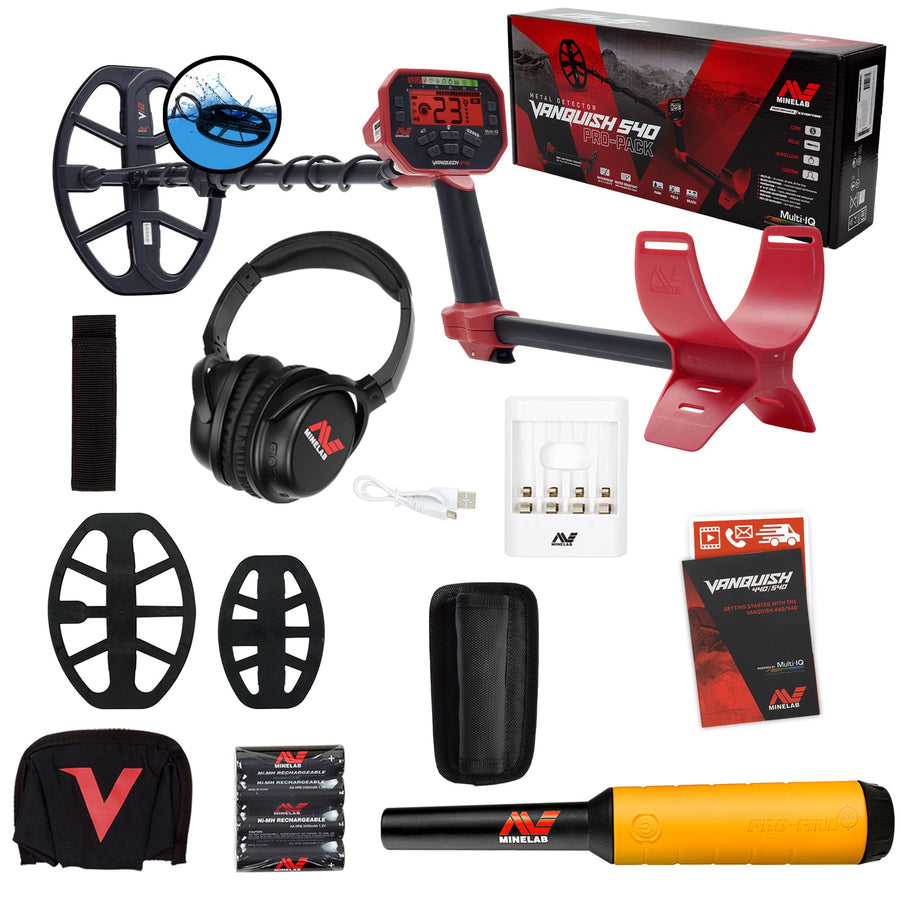 The Vanquish 540 Pro Pack with Pro-Find 20, product box, headphones and accessories, against a white background
