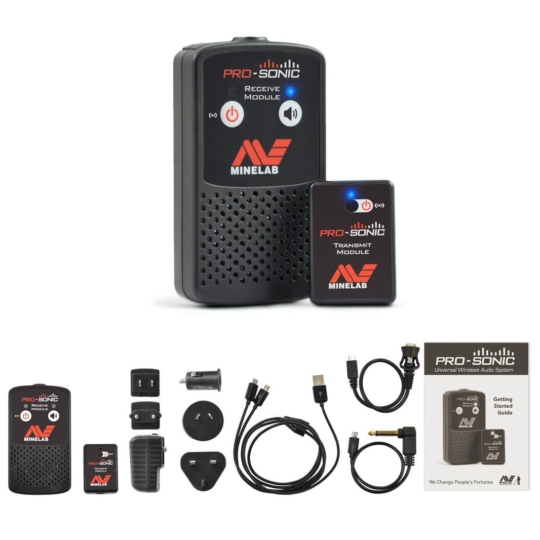 Minelab PRO-SONIC wireless audio system with receiver module, transmit module, and charging accessories