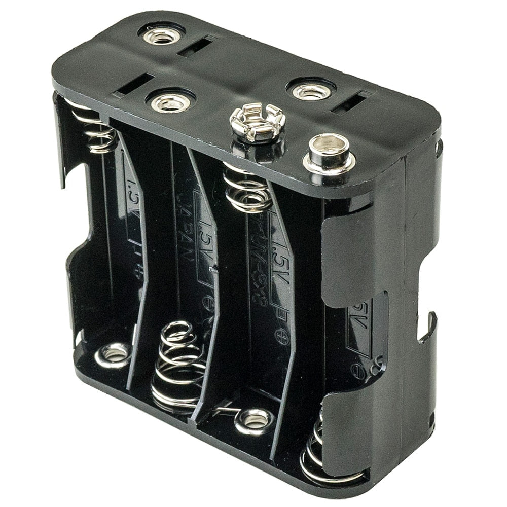 White's 12V 8-cell AA battery holder showing plastic housing and terminal connections